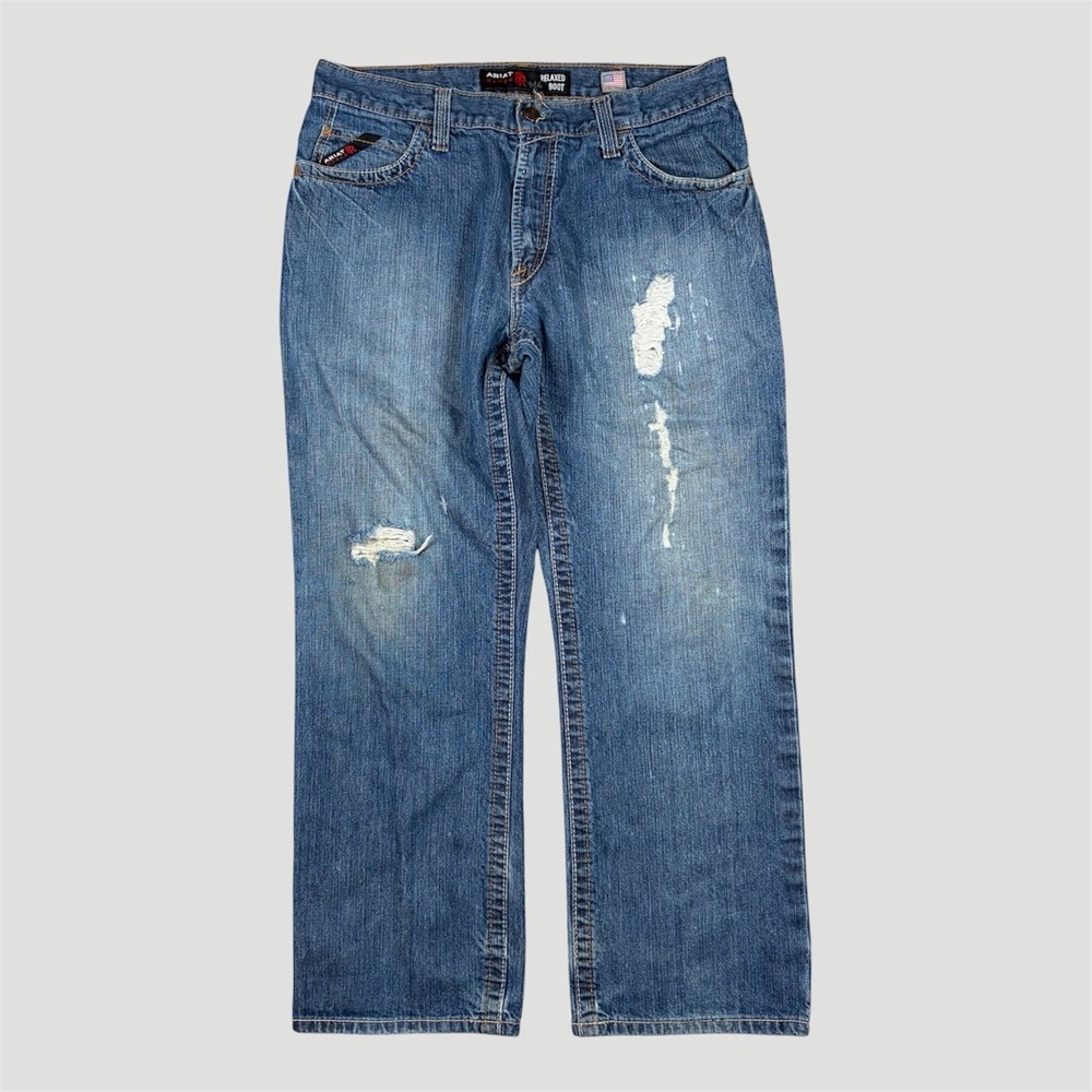 Ariat FR M4 Jeans Mens 34x30(29) Blue Relaxed Boot Cut Distressed CAT 2 Workware